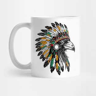 head of a raven wearing a traditional Indian feather headdress Mug